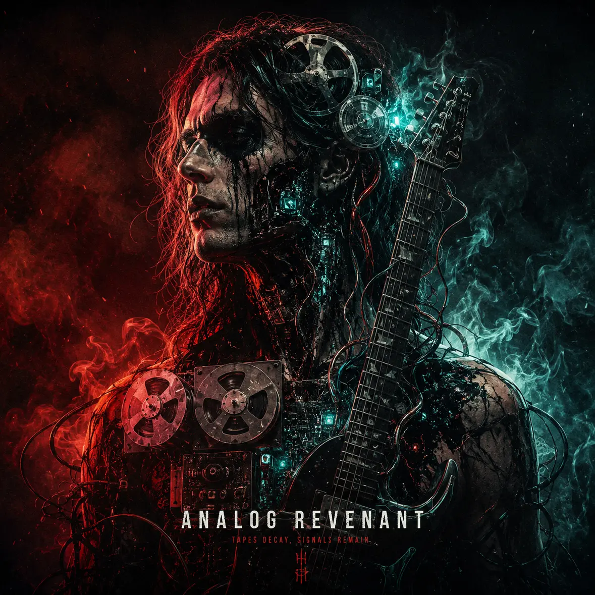 Analog Revenant album cover — a decaying figure fused with tape reels and a guitar